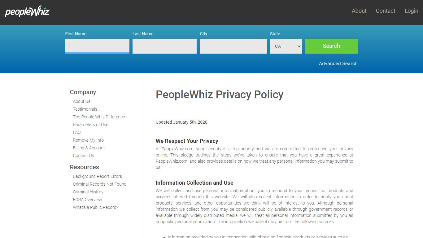 PeopleWhiz Privacy Policy